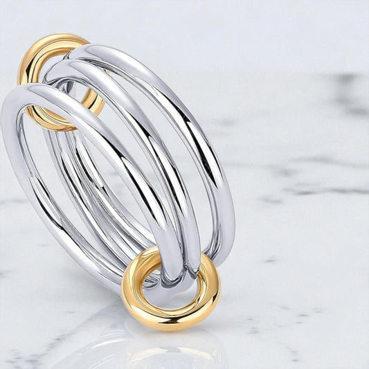 14K Solid Gold Two-Toned Multi Link Connector Ring, Multi Link Connector Ring