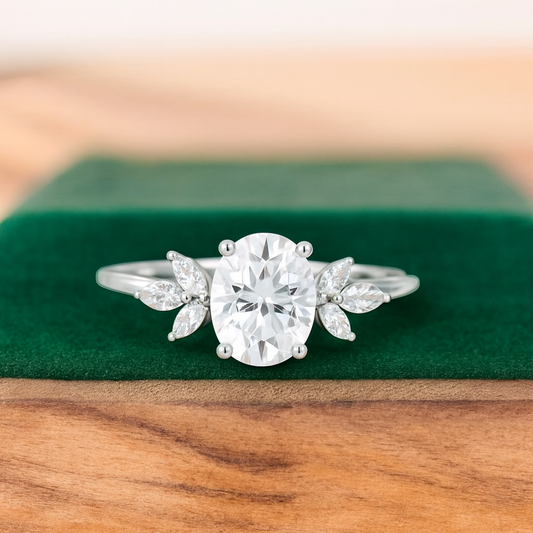 1.25 ct Oval Cut Lab Grown Diamond Engagement Ring • Vintage Marquise Diamond Cluster