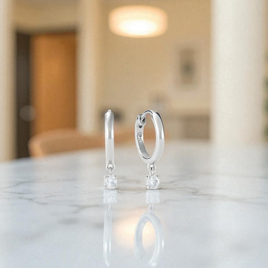 Round Cut Lab Grown Diamond Hoop Earrings • Gold Minimalist Drop Hoops