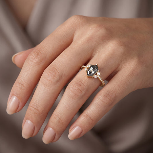 0.90ct Hexagon cut salt and pepper Engagement Diamond Ring