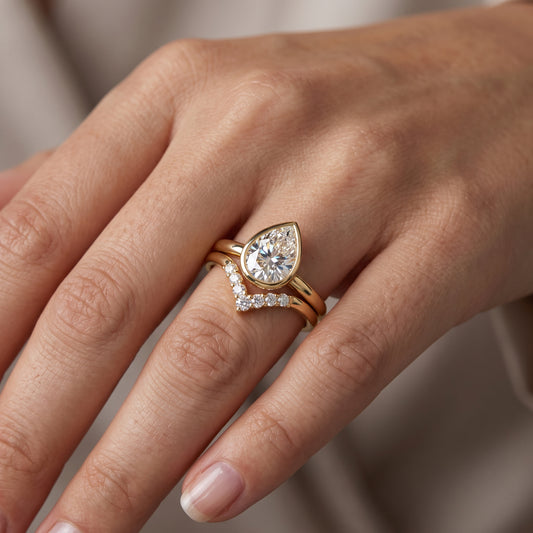 1.10 Ct Pear Cut Lab Grown Diamond Bridal Set – Bezel Engagement Ring