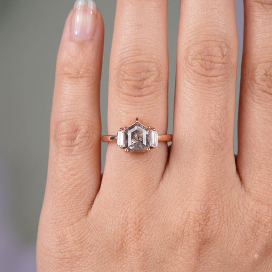 1.80tcw. Pentagon Cut Salt and Pepper Diamond Halo Ring