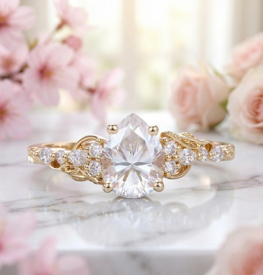 1.300CT Pear Lab Grown Diamond Vintage Floral Engagement Ring
