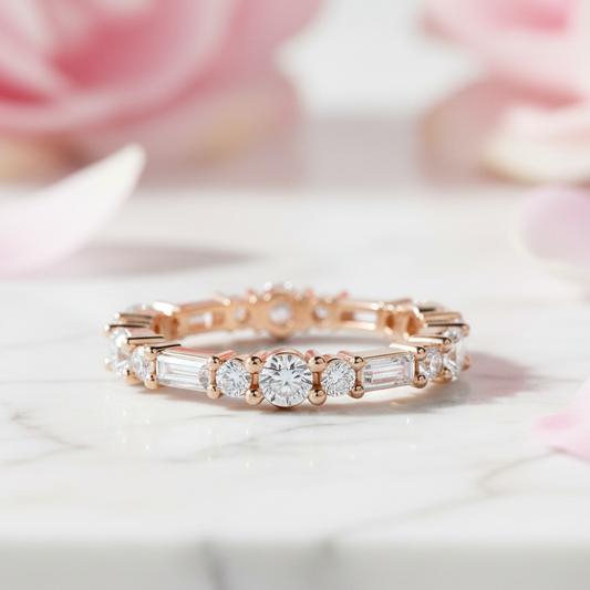 0.90 Ct Round & Baguette Lab Diamond Eternity Band – 14K Gold