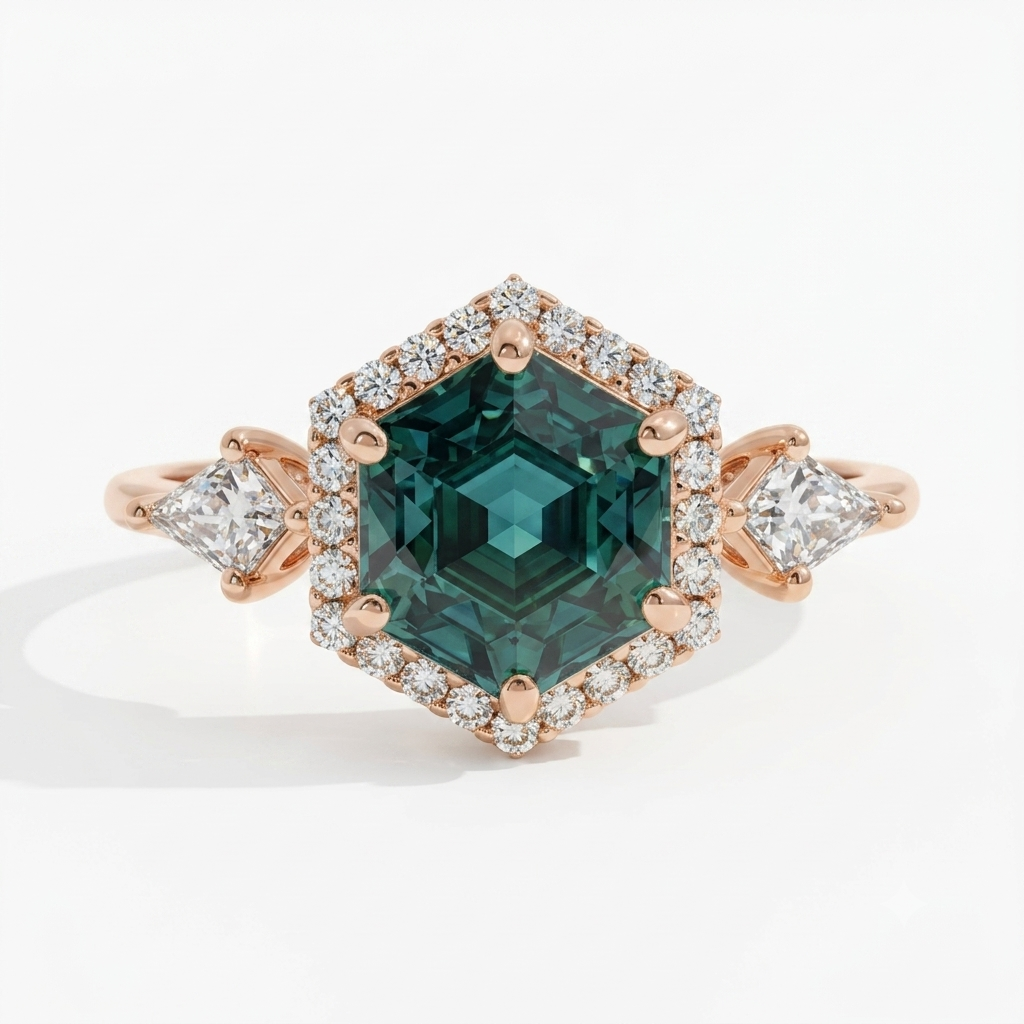 1.32 Ct Hexagon Lab Diamond Ring - Green Halo Engagement
