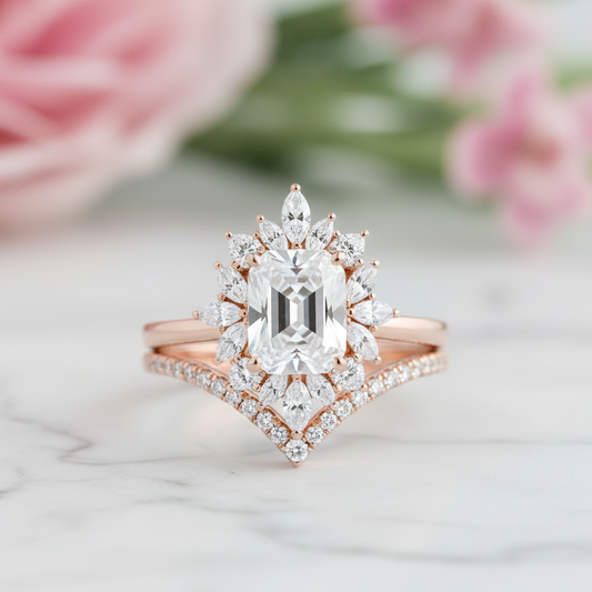 1.70 Ct Emerald Cut Lab-Grown Ring Set – Chevron Band