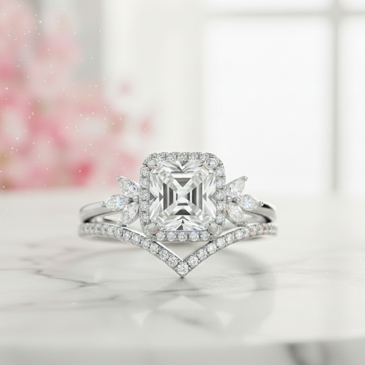 1.80 Ct Asscher Cut Lab-Grown Ring Set with Chevron Band