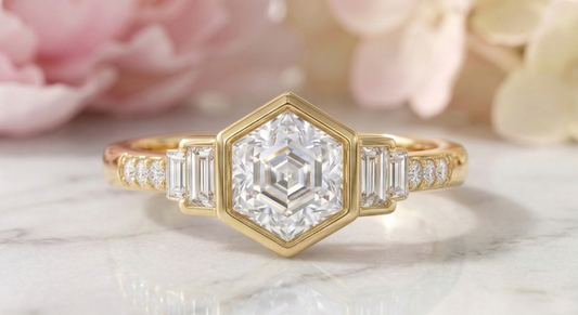 1.60 Ct Hexagon Lab Grown Diamond Ring with Baguette Side Stones