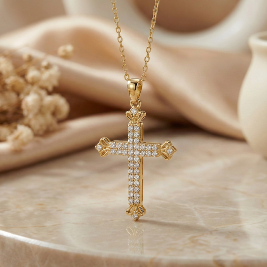 0.600Ct Moissanite Cross Necklace 14K Solid Gold Pendant