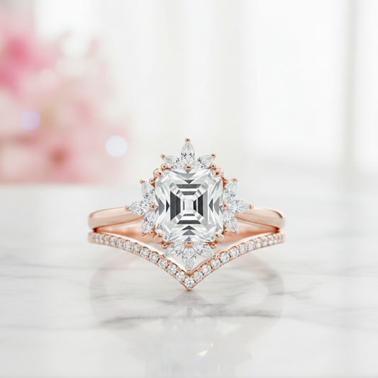 1.50 Ct Asscher Cut Moissanite Engagement Ring Set