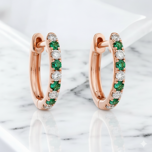 Alternating Lab Grown Diamond and Emerald Petite Hoop Earrings