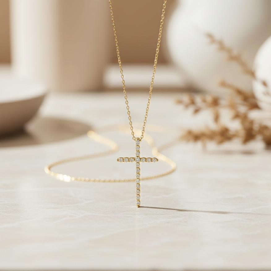 0.120 Ct Moissanite Cross Necklace – 14K Gold Pendant