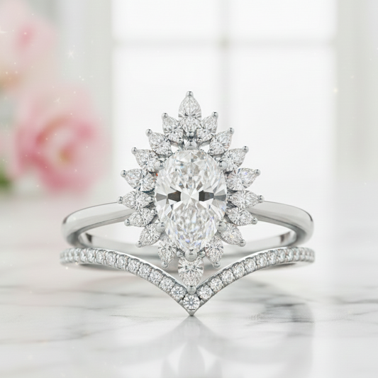 1.50 Ct Pear Cut Floral Halo Lab Grown Diamond Engagement Ring Set