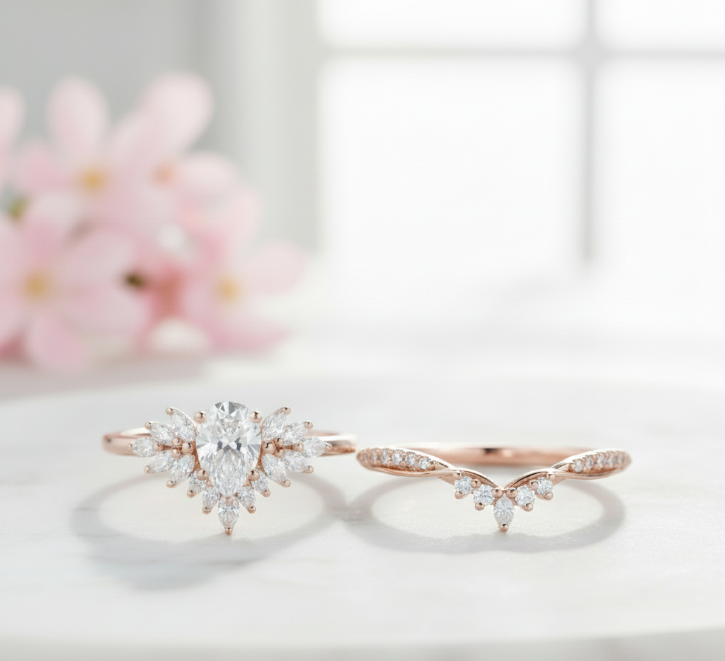 1.70 Ct Pear Lab Diamond Bridal Set – Vintage Cluster Ring