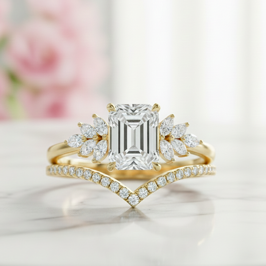 1.60 ct Emerald Cut Moissanite Engagement Ring Set