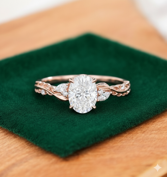 1.60ct Oval Lab Grown Diamond Engagement Ring, Leaf Art Deco Bridal Ring