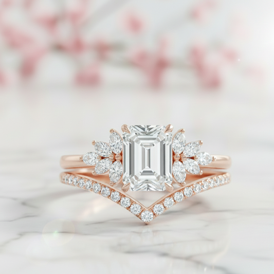 1.50 Ct Emerald Cut Moissanite Engagement Ring Set