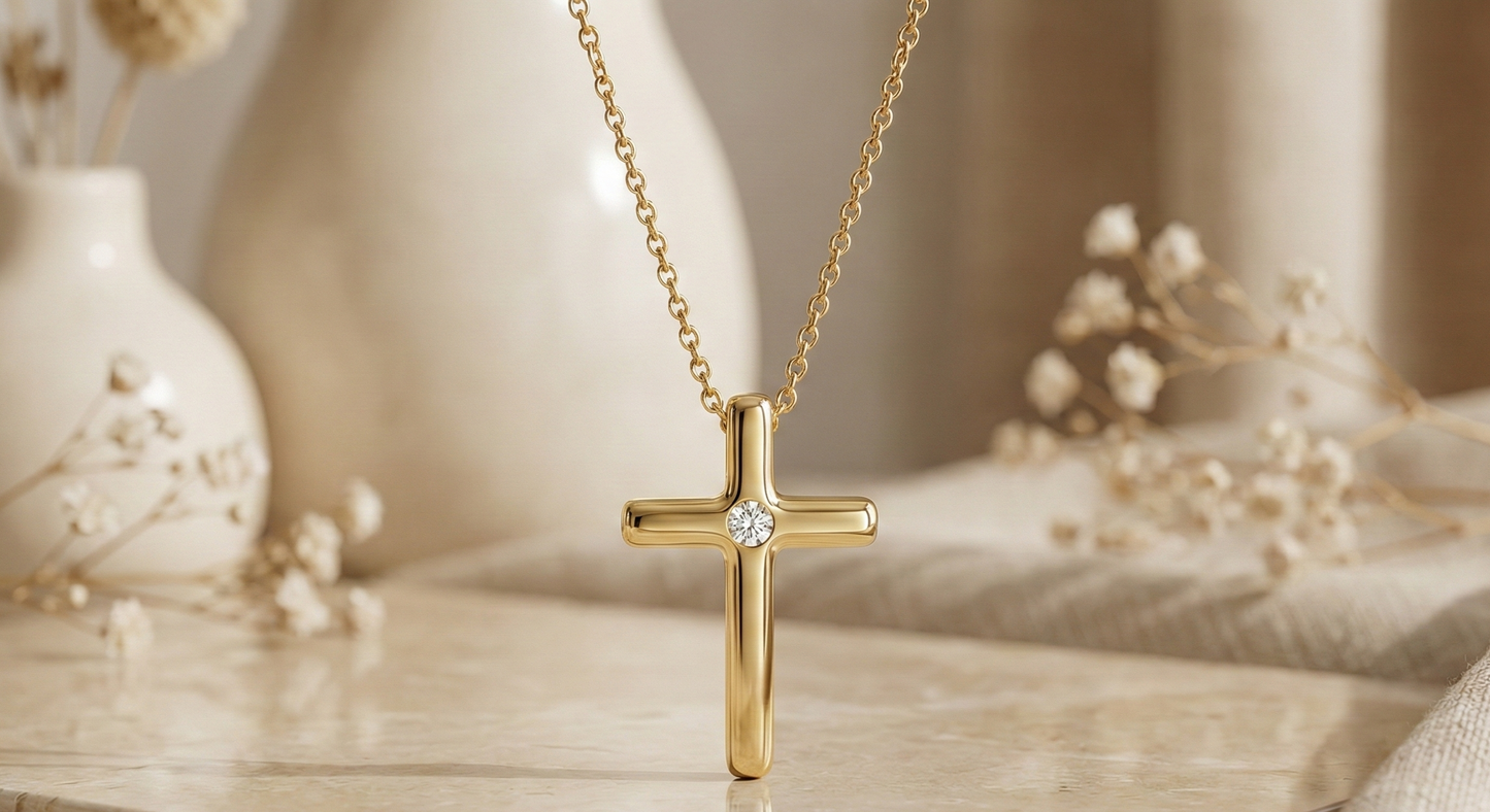 0.100 Ct Moissanite Cross Necklace – 14K Gold Christian Pendant