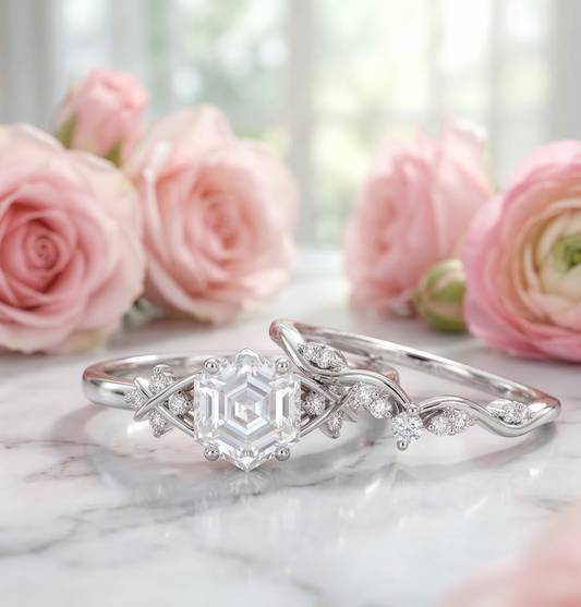 1.17 Ct Hexagon Lab Grown Diamond Art Deco Ring Set