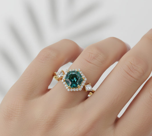 1.32 Ct Hexagon Lab Diamond Ring - Green Halo Engagement
