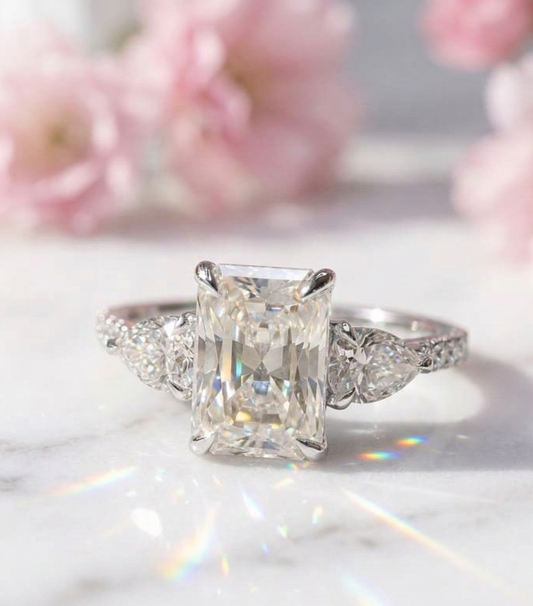 2.45 Ct Radiant Lab Grown Diamond Three Stone Engagement Ring