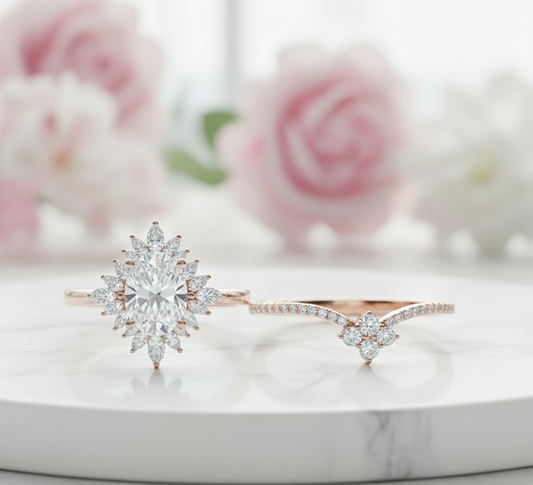 1.60 Ct Oval Lab-Grown Diamond Bridal Ring Set – Floral Halo