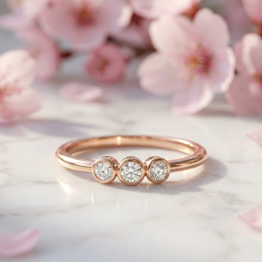 0.11 Ct Three-Stone Moissanite Ring – 14K Solid Gold Bezel