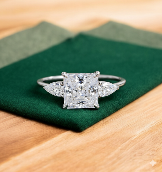 2.350 ct Princess Cut Lab Grown Diamond Engagement Ring • Three Stone Bridal Ring