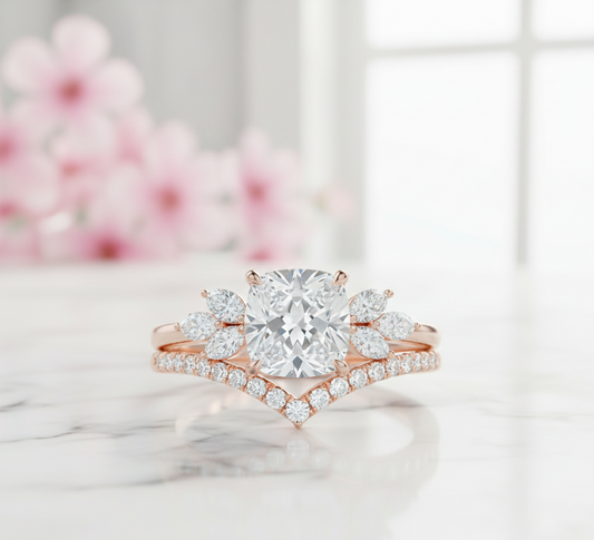 1.65 Ct Cushion Cut Diamond Bridal Set – Floral Halo Ring