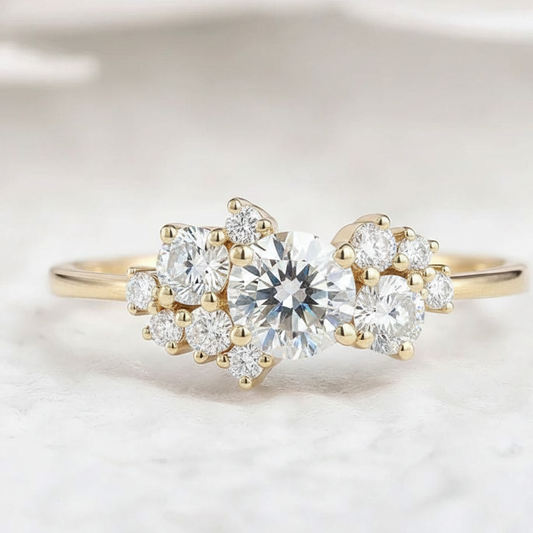 1.10 CT Round Cut Cluster Engagement Ring - 14K Gold