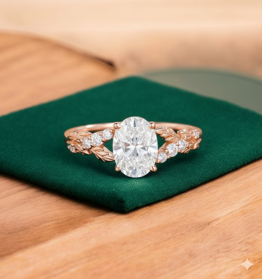 1.360ct Oval Cut Lab Grown Diamond Engagement Ring • Vintage Leaf Art Deco Bridal Ring