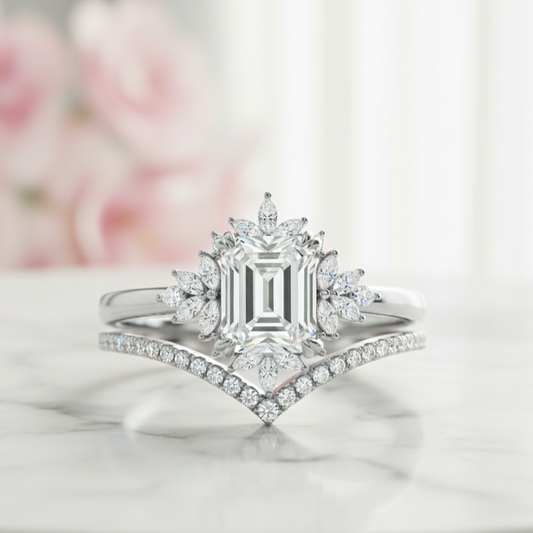 1.70 Ct Emerald Cut Moissanite Engagement Ring Set
