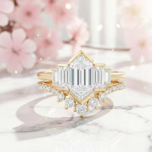 1.65 Ct Hexagon Lab Grown Diamond Engagement Ring Set