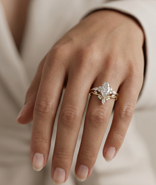 1.350CT Marquise Lab Diamond Ring Set with Curved Wedding Band