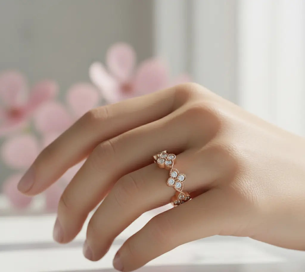 14K Gold Floral Eternity Diamond Band – Vintage Style Wedding Ring