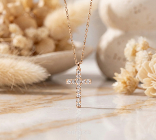 0.150 Ct Moissanite Cross Necklace – 14K Rose Gold Pendant