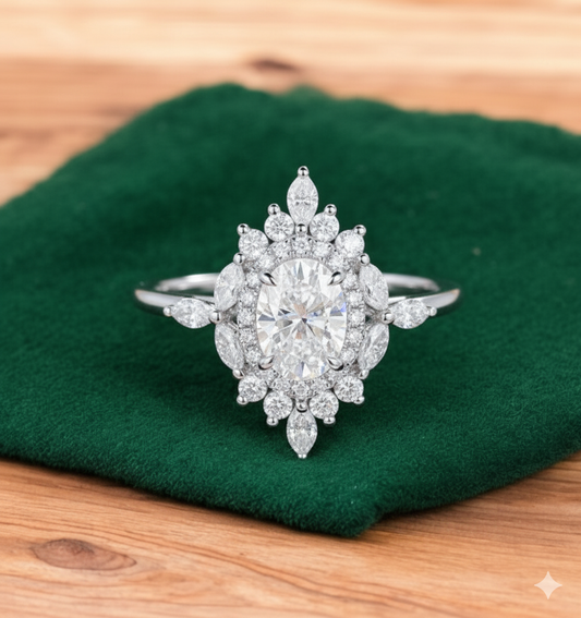 1.220ct Oval Lab Grown Diamond Engagement Ring • Vintage Rose Gold Art Deco Marquise Cluster Bridal Ring