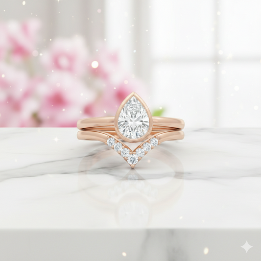 1.10 Ct Pear Cut Lab Grown Diamond Bridal Set – Bezel Engagement Ring