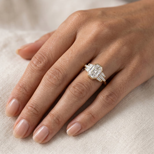 Hexagon Engagement Ring with Baguette Side Stones