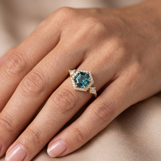 1.32 Ct Hexagon Lab Diamond Ring - Green Halo Engagement