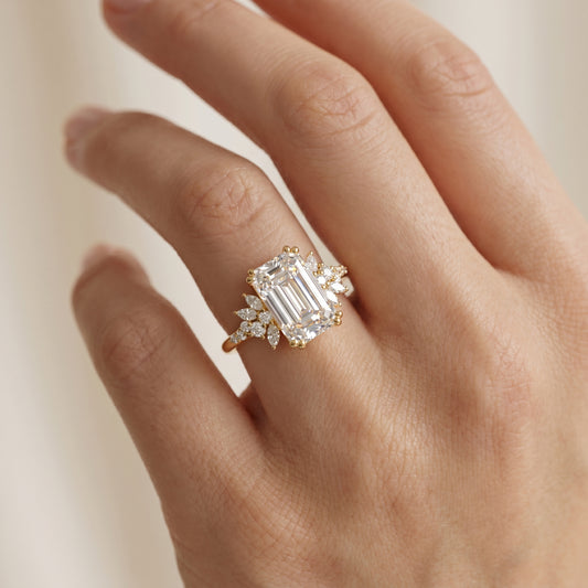3.5ct Emerald Cut Lab Grown Diamond Engagement Ring • Vintage Yellow Gold Cluster Bridal Ring