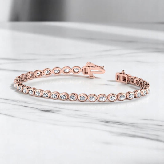 Bezel Set 9.00 ct Oval Lab Grown Diamond Tennis Bracelet, 14K Rose Gold, Classic & Modern Jewelry