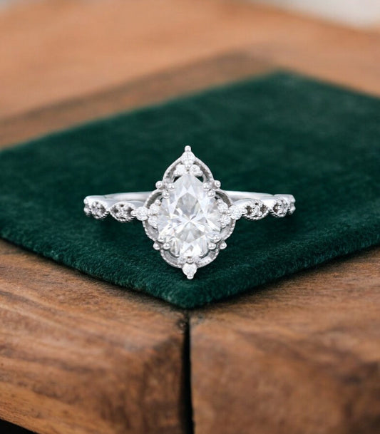 1.25 ct Pear Shaped Lab Grown Diamond Engagement Ring • Vintage Halo Ring
