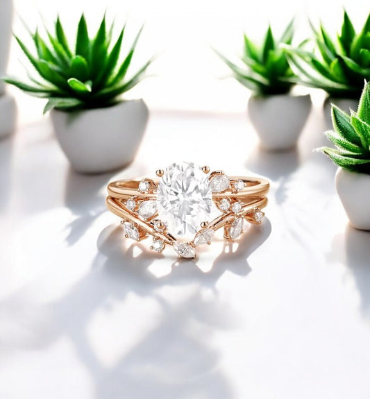 Vintage Oval Cut Moissanite Engagement Ring Set Uniqied Leaf and Vine Twisted Design Ring