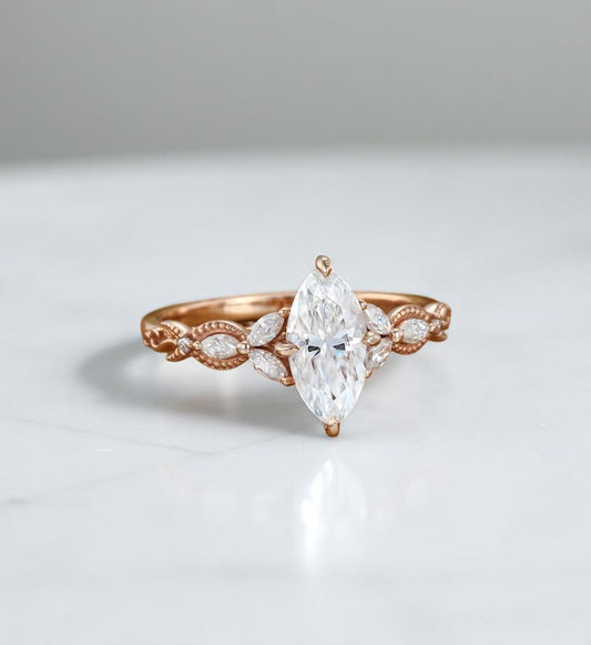 Lab Grown 1.00 ct Marquise Cut Diamond Cluster Ring • Rose Gold Engagement Ring