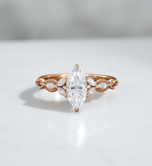 Lab Grown 1.00 ct Marquise Cut Diamond Cluster Ring • Rose Gold Engagement Ring