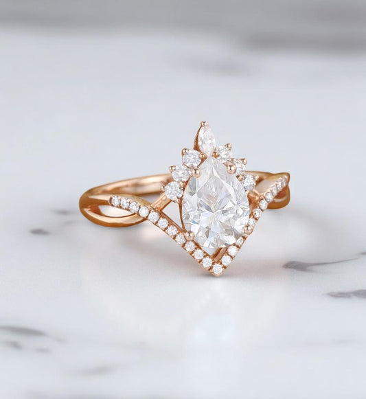 Lab Grown Diamond 1.250 ct Pear Engagement Ring • Rose Gold Vintage Cluster Bridal Ring