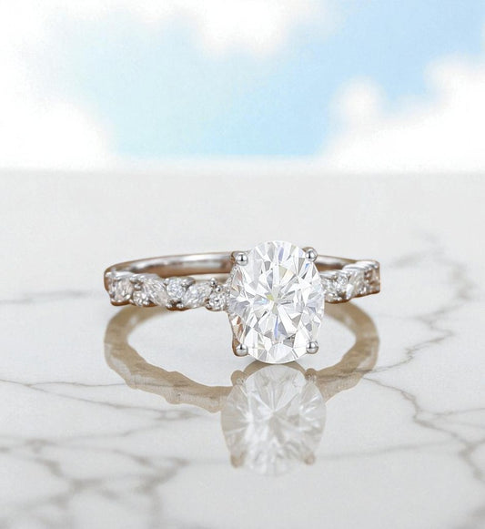 2CT Oval Lab Grown Diamond Engagement Ring • Vintage White Gold Half Eternity Bridal Ring