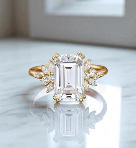 3.5ct Emerald Cut Lab Grown Diamond Engagement Ring • Vintage Yellow Gold Cluster Bridal Ring