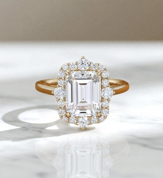 3CT Emerald Cut Lab Grown Diamond Engagement Ring • Vintage Yellow Gold Halo Ring